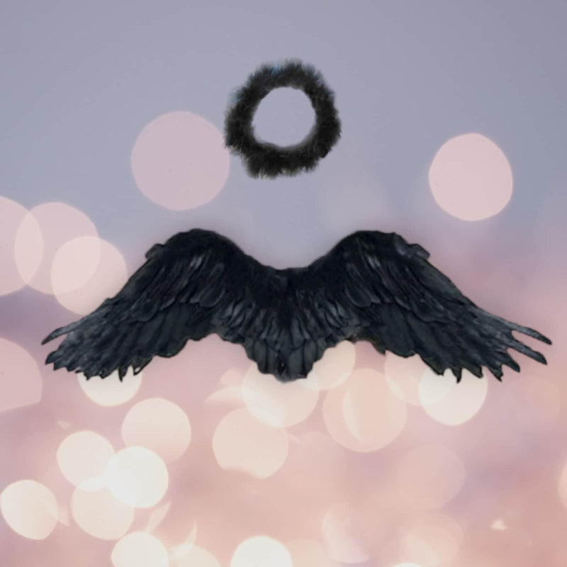 Alas de ángel de plumas para disfraz de Halloween, color negro, tamaño pequeño, mediano, 24 x 16 pulgadas, para niños grandes con halo - SACASUSA