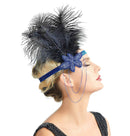 Azul Vintage inspirado El gran Gatsby Rhinestone con cuentas diadema 1920 tocado Flapper negro pluma nupcial tocado de boda Art Déco - SACASUSA