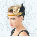 Cadena de oro Vintage inspirado El gran Gatsby diadema con cuentas tocado de la década de 1920 Flapper pluma negra tocado de boda nupcial Art Déco - SACASUSA