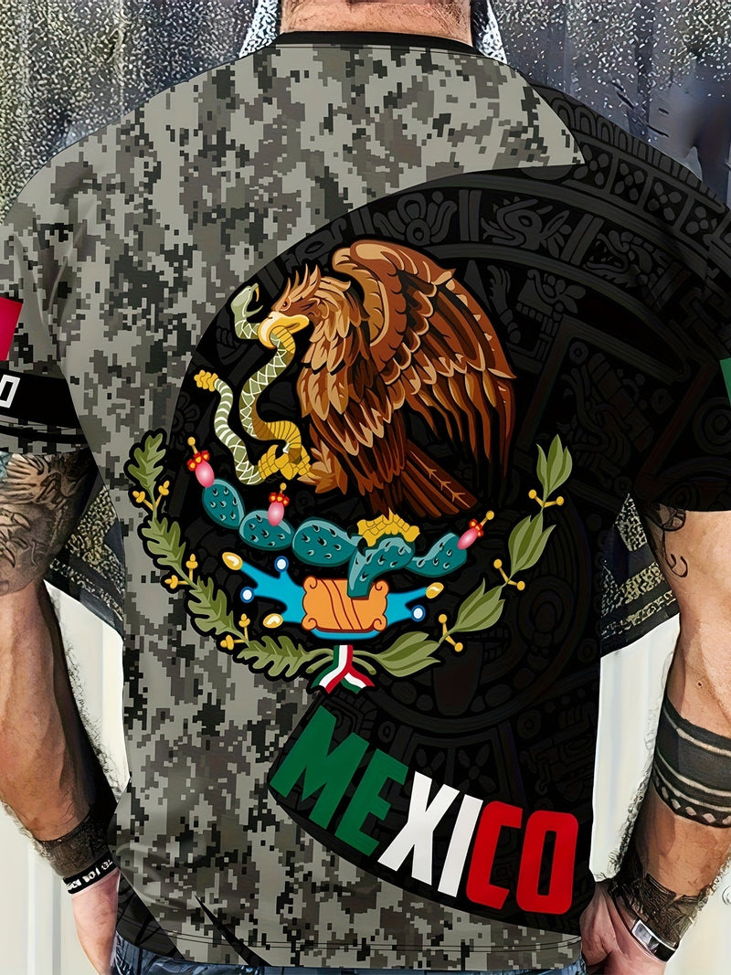 Camiseta Casual para Hombre con Cuello Redondo - Duradera y Fácil de Mantener con Estampado Geométrico Retro de México para Uso Diario y Resort - SACASUSA