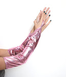 Candy Light Pink Fingerless Over Elbow Shiny Metallic Wet Look Stretchy Extra Long Gloves Halloween Costume Party Cosplay Work Length Women