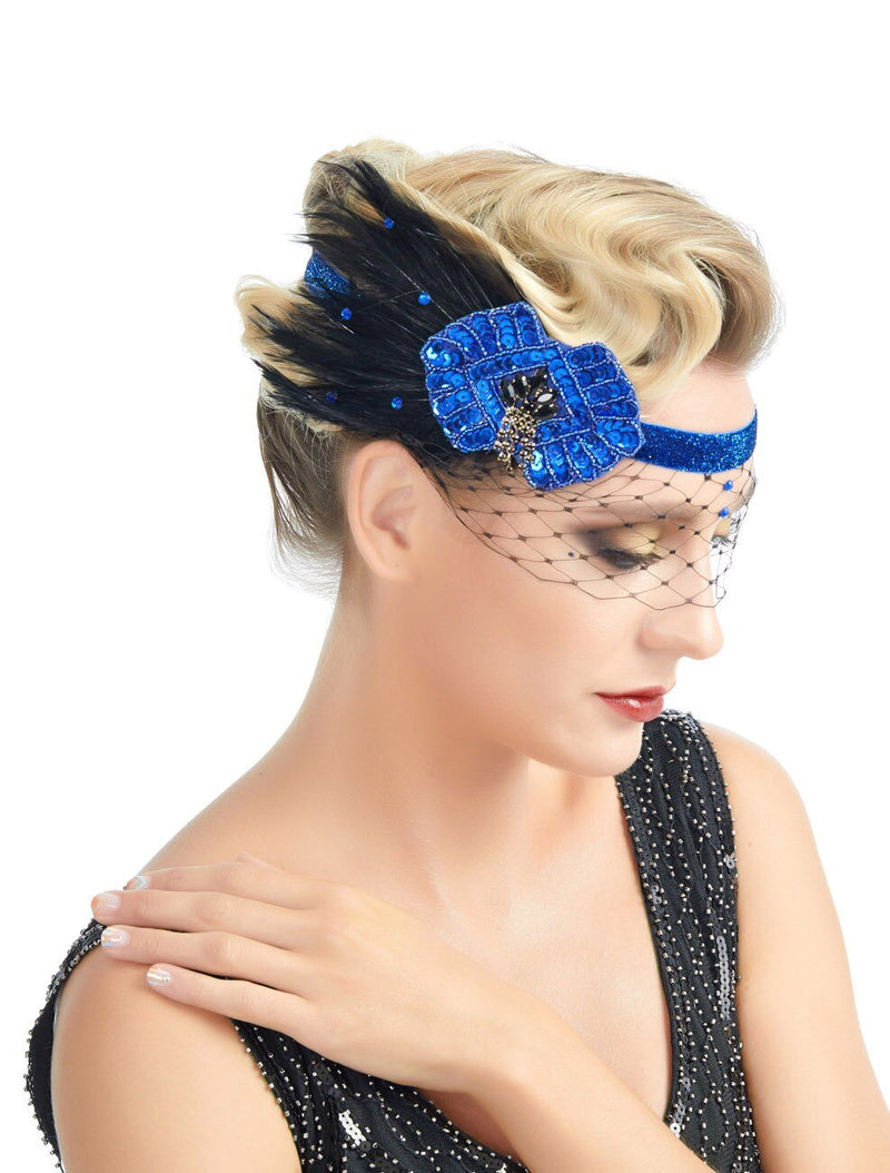 Diadema estilo flapper de los años 20, estilo vintage azul, años 20 rugientes, tocado del gran Gatsby, velo facial de plumas negras, red, accesorios para el cabello de Halloween