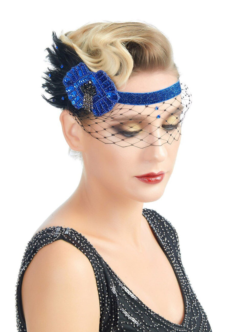 Diadema estilo flapper de los años 20, estilo vintage azul, años 20 rugientes, tocado del gran Gatsby, velo facial de plumas negras, red, accesorios para el cabello de Halloween