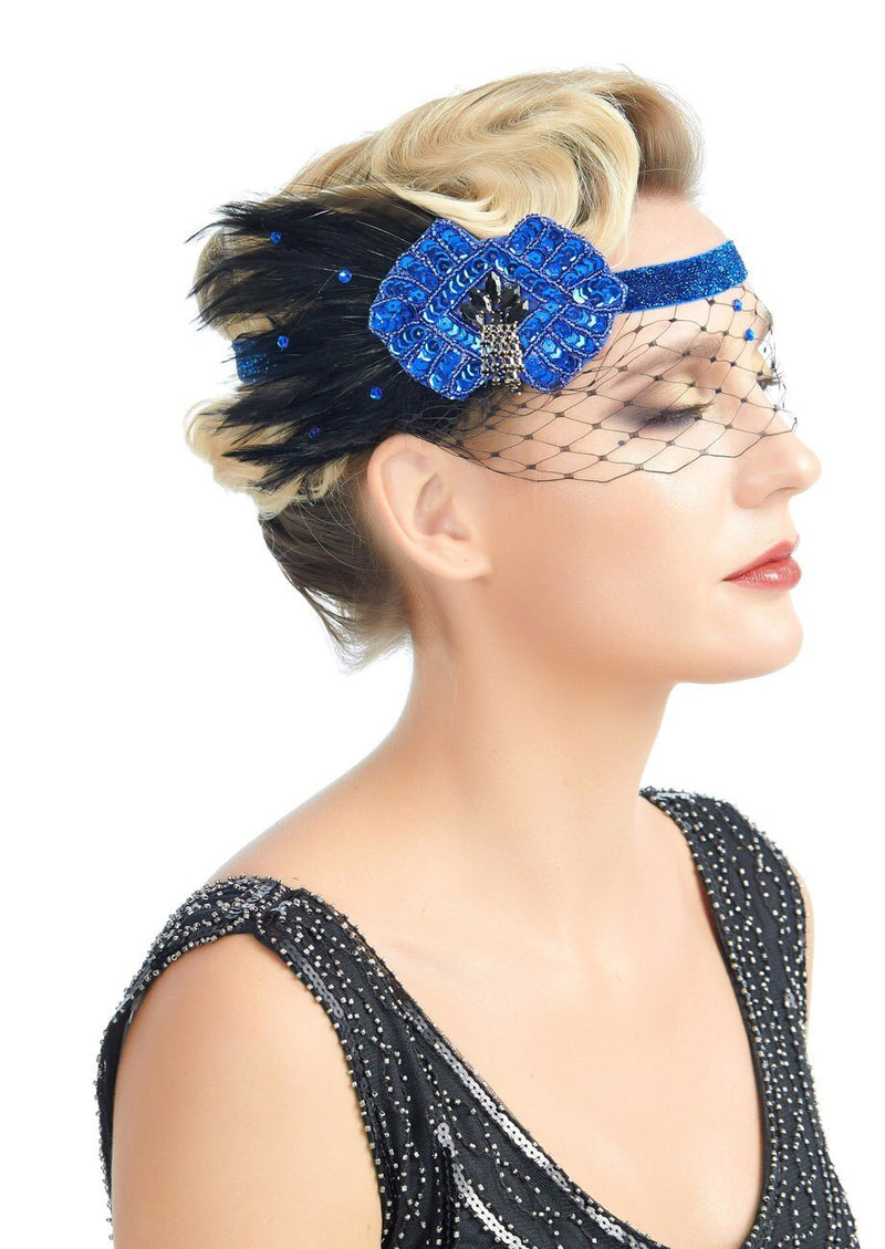 Diadema estilo flapper de los años 20, estilo vintage azul, años 20 rugientes, tocado del gran Gatsby, velo facial de plumas negras, red, accesorios para el cabello de Halloween