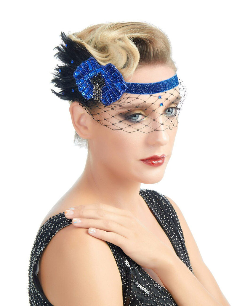 Diadema estilo flapper de los años 20, estilo vintage azul, años 20 rugientes, tocado del gran Gatsby, velo facial de plumas negras, red, accesorios para el cabello de Halloween