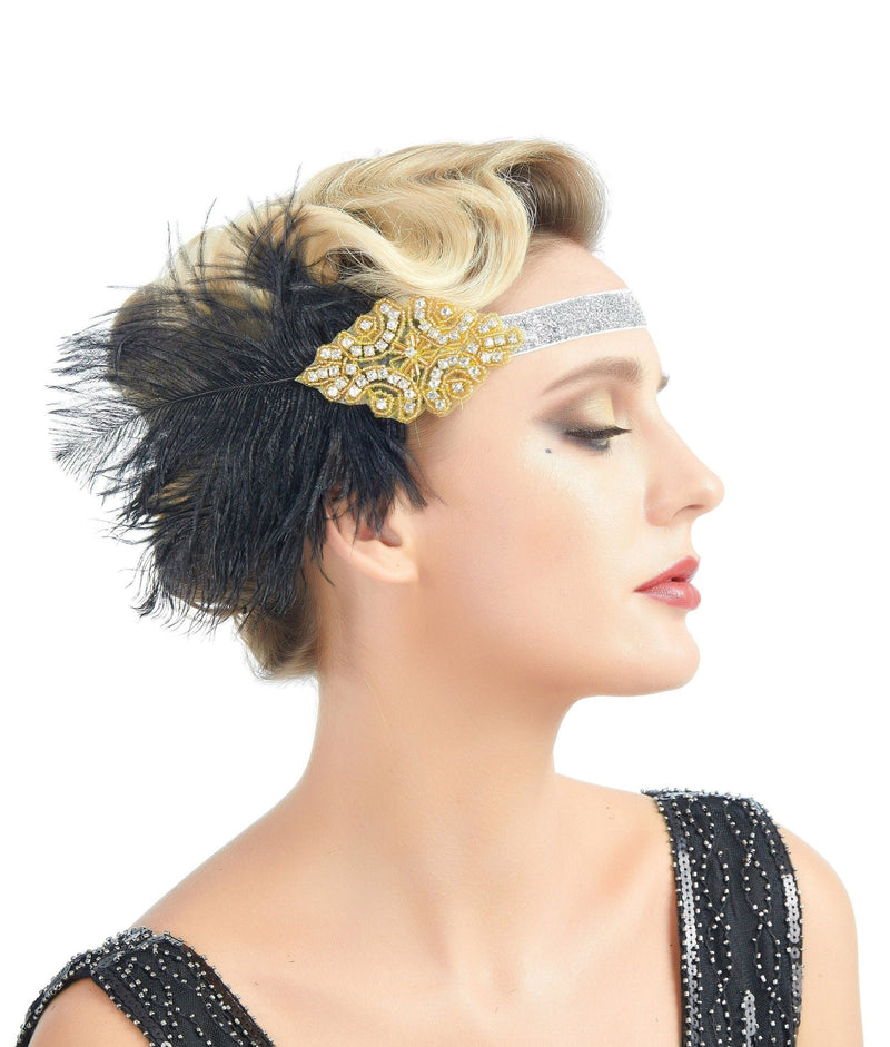 Diadema Flapper de los años 20, tocado del gran Gatsby, accesorios para el cabello de plumas negras, diamantes de imitación, cristal, Halloween
