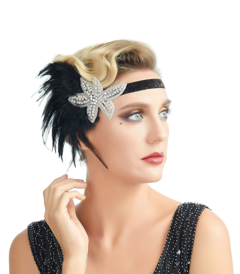 Diadema Flapper de los años 20, tocado del gran Gatsby, accesorios para el cabello de plumas negras, diamantes de imitación, cristal, Halloween