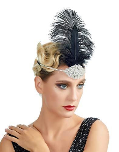 Diademas estilo flapper de los años 20, diamantes de imitación, lentejuelas negras, accesorios para el cabello de plumas para mujer del gran Gatsby de los años 20 (plata)