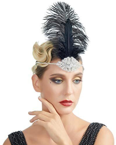 Diademas estilo flapper de los años 20, diamantes de imitación, lentejuelas negras, accesorios para el cabello de plumas para mujer del gran Gatsby de los años 20 (plata)