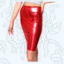 Falda lápiz elástica roja metálica Cintura alta Aspecto mojado brillante Spandex Por encima de la rodilla Fiesta Clubwear Bodycon Cuero de PU SML Chica Mujer - SACASUSA