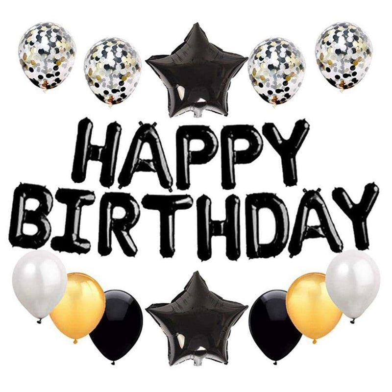 Juego de decoraciones de globos de feliz cumpleaños de oro negro de 16 pulgadas, 13 piezas, pancarta con letras, globos de papel de estrella gigante, globos de confeti de 12 pulgadas, globos de látex - SACASUSA
