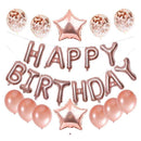 Juego de decoraciones de globos de feliz cumpleaños de oro rosa de 16 pulgadas: pancarta de letras de 13 piezas, lámina de estrella gigante de 2 piezas, confeti de 4 piezas, globos de látex de 6 piezas - SACASUSA