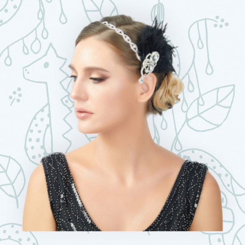 Negro Plata Vintage Inspirado El Gran Gatsby Rhinestone con cuentas Diadema 1920 tocado Flapper Pluma Nupcial Boda Art Déco Tocado - SACASUSA