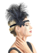 Negro Vintage inspirado El gran Gatsby Rhinestone con cuentas diadema 1920 tocado Flapper negro pluma nupcial boda tocado Art Déco - SACASUSA