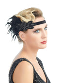 Negro Vintage inspirado El gran Gatsby Rhinestone con cuentas diadema 1920 tocado Flapper negro pluma nupcial boda tocado Art Déco - SACASUSA