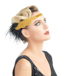 Oro Vintage Inspirado El Gran Gatsby Lentejuelas con cuentas Diadema 1920s Tocado Flapper Pluma Negra Tocado de Boda Nupcial Art Déco - SACASUSA