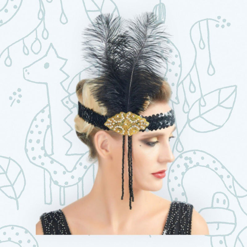 Oro Vintage inspirado El gran Gatsby plata Rhinestone con cuentas diadema 1920s tocado Flapper pluma negra tocado nupcial Art Déco - SACASUSA