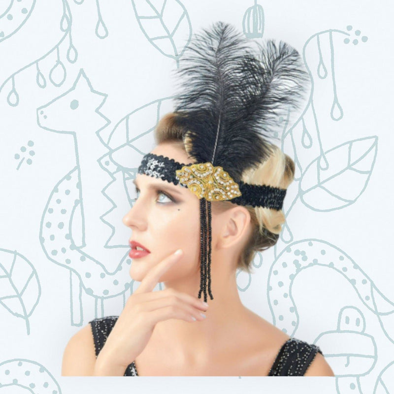 Oro Vintage inspirado El gran Gatsby plata Rhinestone con cuentas diadema 1920s tocado Flapper pluma negra tocado nupcial Art Déco - SACASUSA