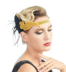 Oro Vintage inspirado El gran Gatsby Rhinestone con cuentas diadema 1920 tocado Flapper negro pluma nupcial tocado de boda Art Déco - SACASUSA