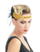 Oro Vintage inspirado El gran Gatsby Rhinestone con cuentas diadema 1920 tocado Flapper negro pluma nupcial tocado de boda Art Déco - SACASUSA