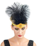 Oro Vintage inspirado El gran Gatsby Rhinestone con cuentas diadema 1920 tocado Flapper negro pluma nupcial tocado de boda Art Déco - SACASUSA