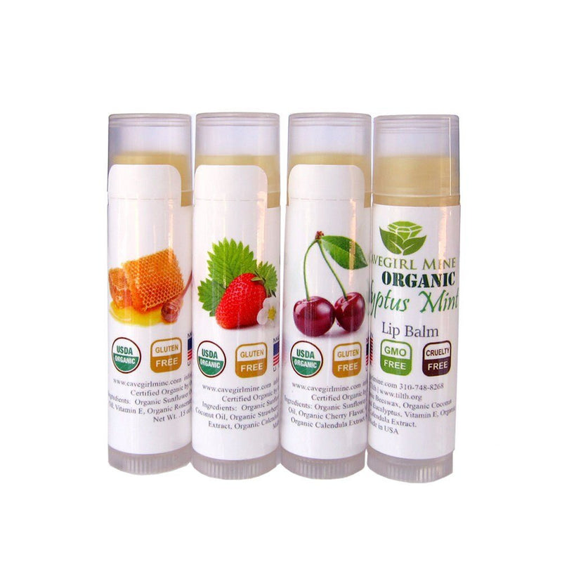 Paquete de 4 bálsamos labiales orgánicos certificados por USDA. 100% orgánico, todos los sabores naturales, cereza, fresa, eucalipto, menta y cera de abejas original, sin parabenos - SACASUSA