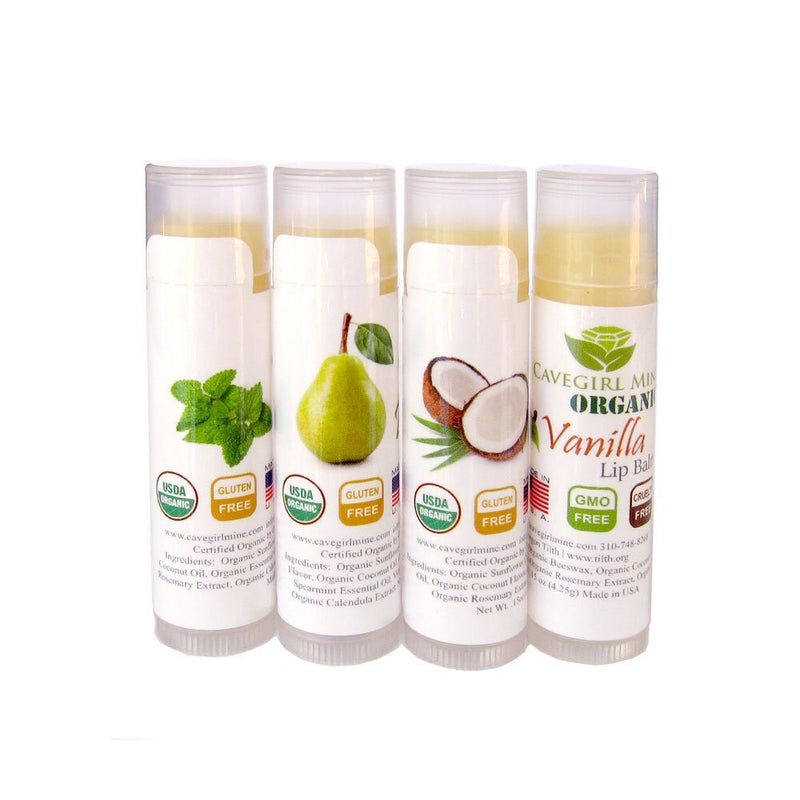 Paquete de 4 bálsamos labiales orgánicos certificados por USDA. 100% orgánico Todos los sabores naturales Coco Pera Menta Vainilla Hecho en EE. UU. Sin parabenos - SACASUSA