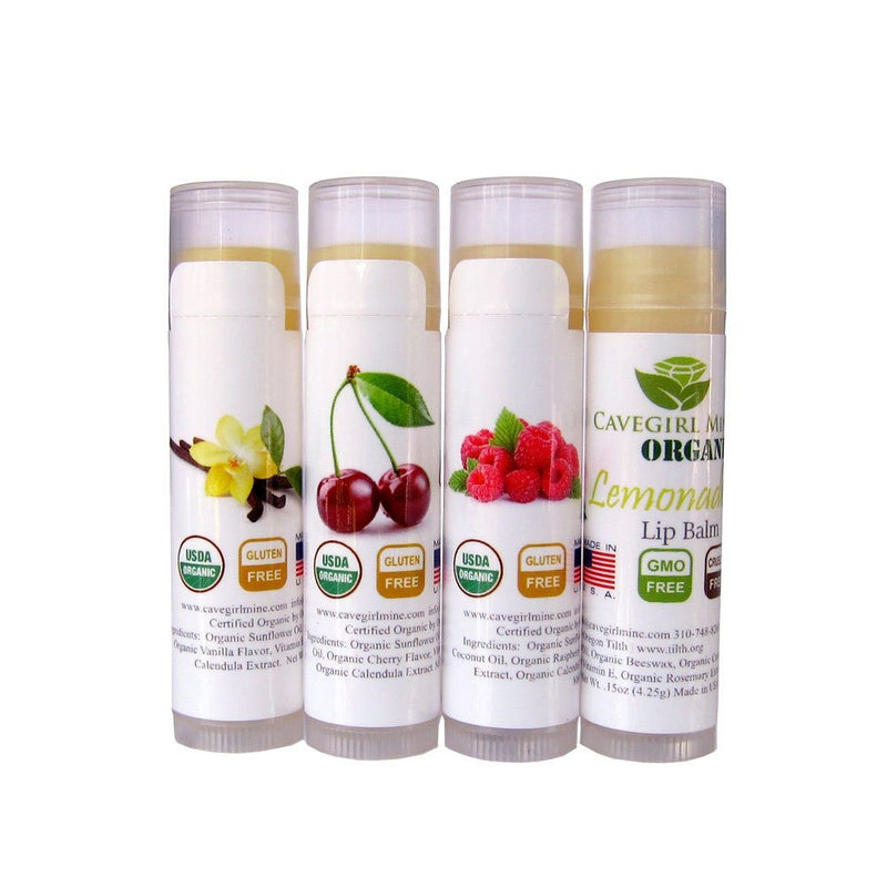 Paquete de 4 bálsamos labiales orgánicos certificados por USDA. 100% orgánico, vegano, todos los sabores naturales, cereza, vainilla, frambuesa, limonada, lápiz labial, sin parabenos, OGM - SACASUSA