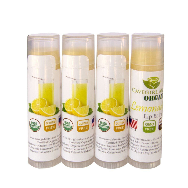 Paquete de 4 bálsamos labiales orgánicos certificados por USDA. Cavegirl Mine Sabor a limonada orgánica vegana Hecho en Estados Unidos. Libre de parabeno. Reparar labios secos y agrietados - SACASUSA