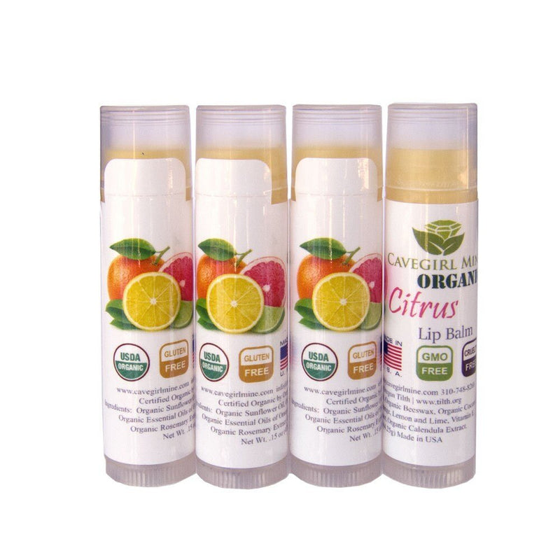 Paquete de 4 bálsamos labiales orgánicos certificados por USDA. Cavegirl Mine Sabor a naranja cá­trica orgánica vegana Hecho en EE. UU. Libre de parabeno. Reparar labios secos y agrietados - SACASUSA