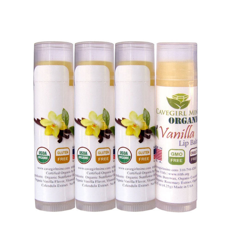 Paquete de 4 bálsamos labiales orgánicos certificados por USDA. Cavegirl Mine Sabor Vallina Orgánico Vegano Hecho en Estados Unidos. Reparación sin parabenos Labios secos y agrietados Natural - SACASUSA
