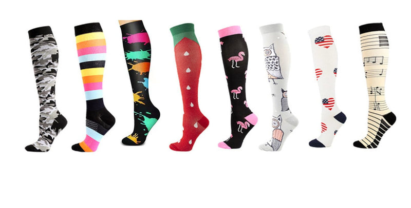 Paquete de 8 calcetines de compresión premium SM para mujeres, enfermeras, médicos, trabajadores, regalo, gato negro, amarillo, esqueleto negro, hueso, diversión, Halloween, rayas naranjas - SACASUSA