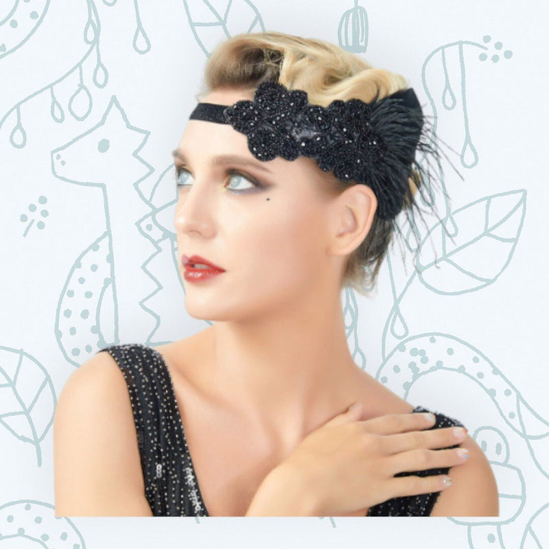 Pluma negra Vintage inspirado El gran Gatsby Rhinestone con cuentas Diadema 1920 tocado Flapper Novia Tocado de boda Art Deco mujeres - SACASUSA