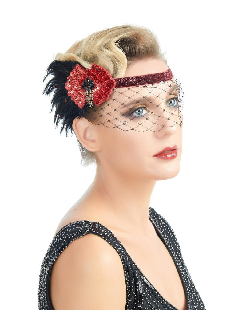 Rojo Inspiración vintage Años 20 Flapper Diadema Roaring 20s El gran tocado Gatsby Pluma negra Velo facial Red Accesorios para el cabello de Halloween - SACASUSA
