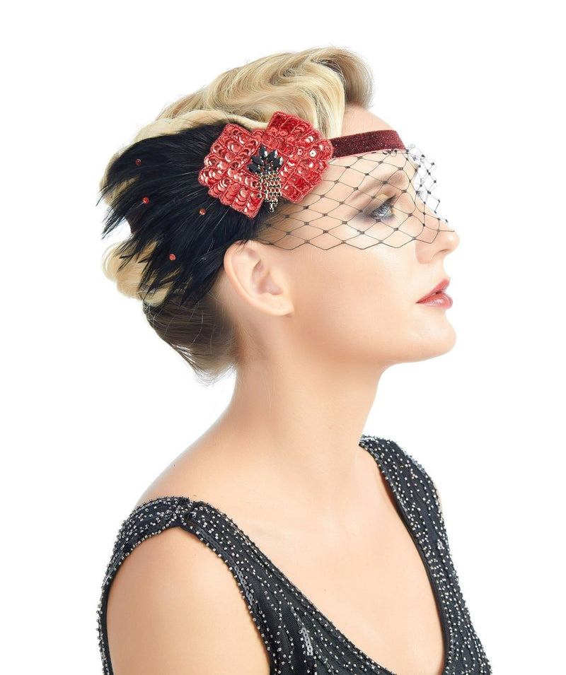 Rojo Inspiración vintage Años 20 Flapper Diadema Roaring 20s El gran tocado Gatsby Pluma negra Velo facial Red Accesorios para el cabello de Halloween - SACASUSA