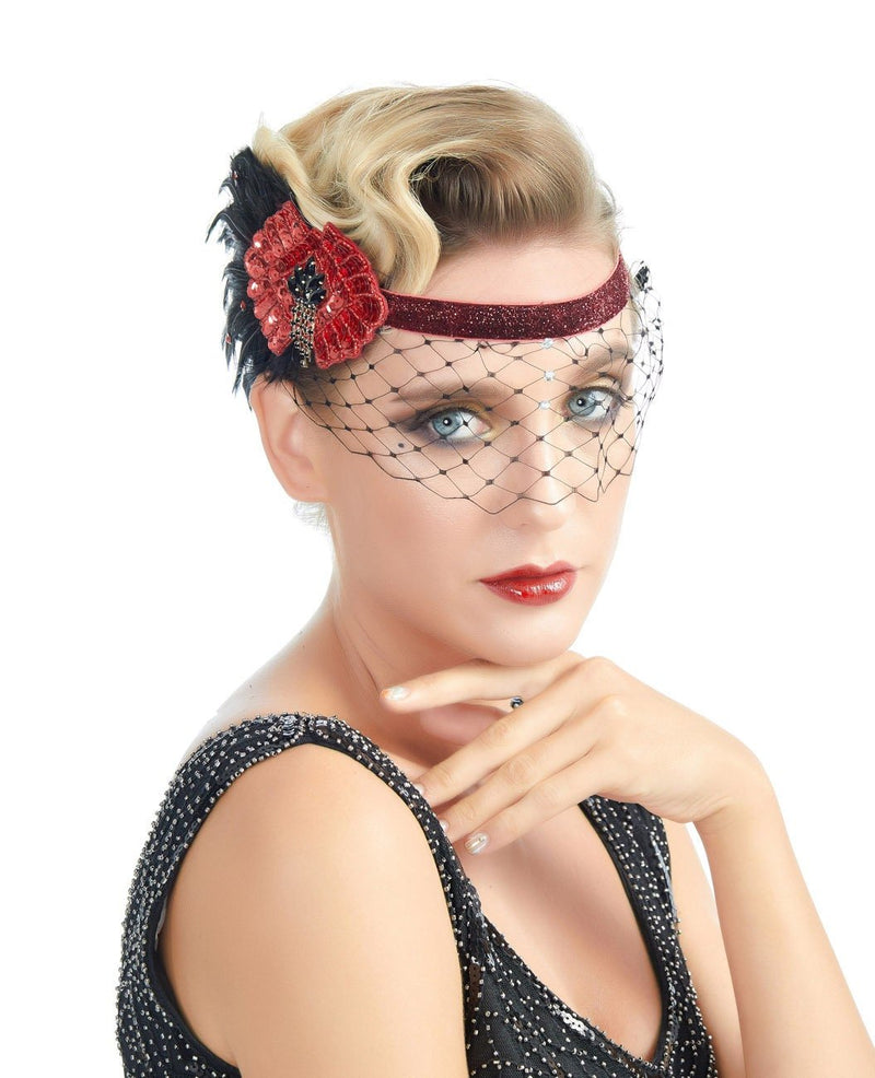Rojo Inspiración vintage Años 20 Flapper Diadema Roaring 20s El gran tocado Gatsby Pluma negra Velo facial Red Accesorios para el cabello de Halloween - SACASUSA