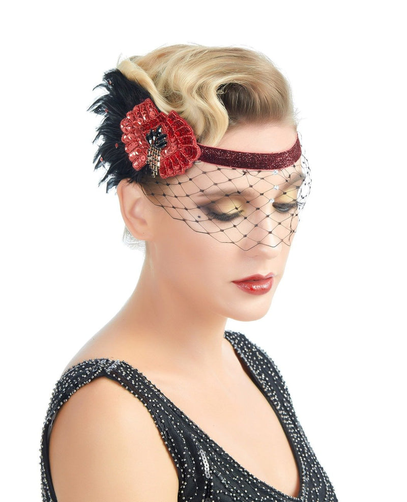 Rojo Inspiración vintage Años 20 Flapper Diadema Roaring 20s El gran tocado Gatsby Pluma negra Velo facial Red Accesorios para el cabello de Halloween - SACASUSA