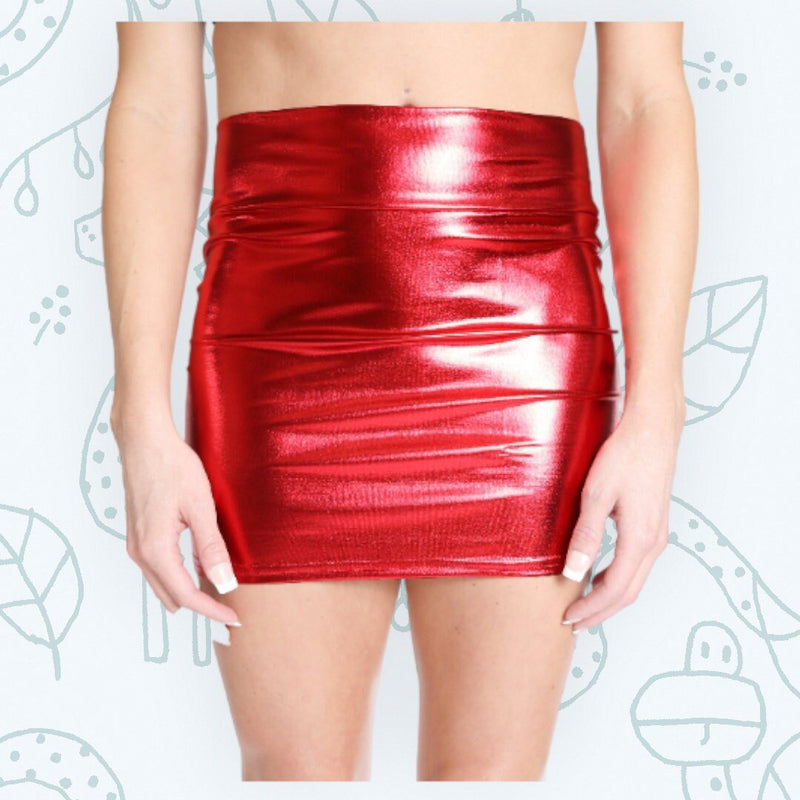 Red Metallic Elastic Mini Short Skirt High Waist Shiny Wet Look Spande