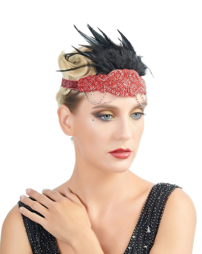 Rojo Vintage inspirado El gran Gatsby Rhinestone con cuentas diadema 1920 tocado Flapper negro pluma nupcial tocado de boda Art Déco - SACASUSA