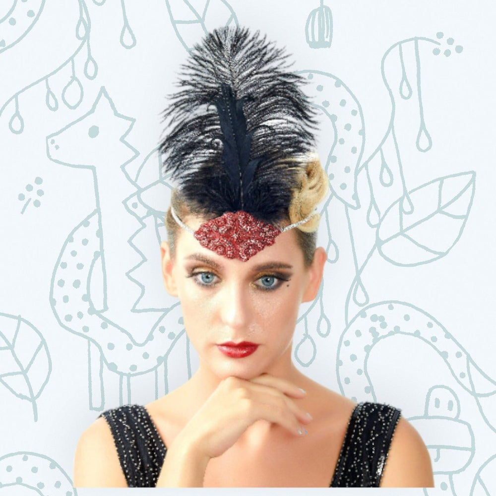 Red Vintage Feather The Great Gatsby Rhinestone Beaded Headband 1920s, image size:1000x1000