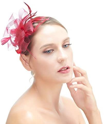 Tocado de flores y plumas para mujer, tocado de fiesta para cóctel, pinza para el pelo en color burdeos - SACASUSA